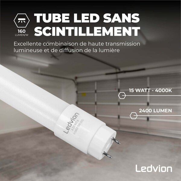 Ledvion Réglette LED 150CM - 15W - 2400 Lumen - 4000K - IP65 - avec tube fluorescent LED