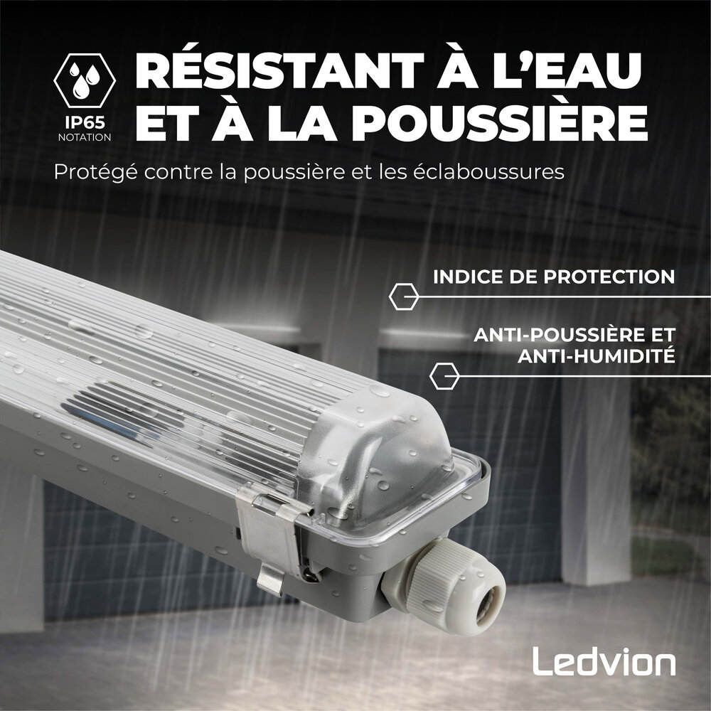 Ledvion Kit de Réglette LED étanche IP65 - 120CM - Clips en acier inoxydable