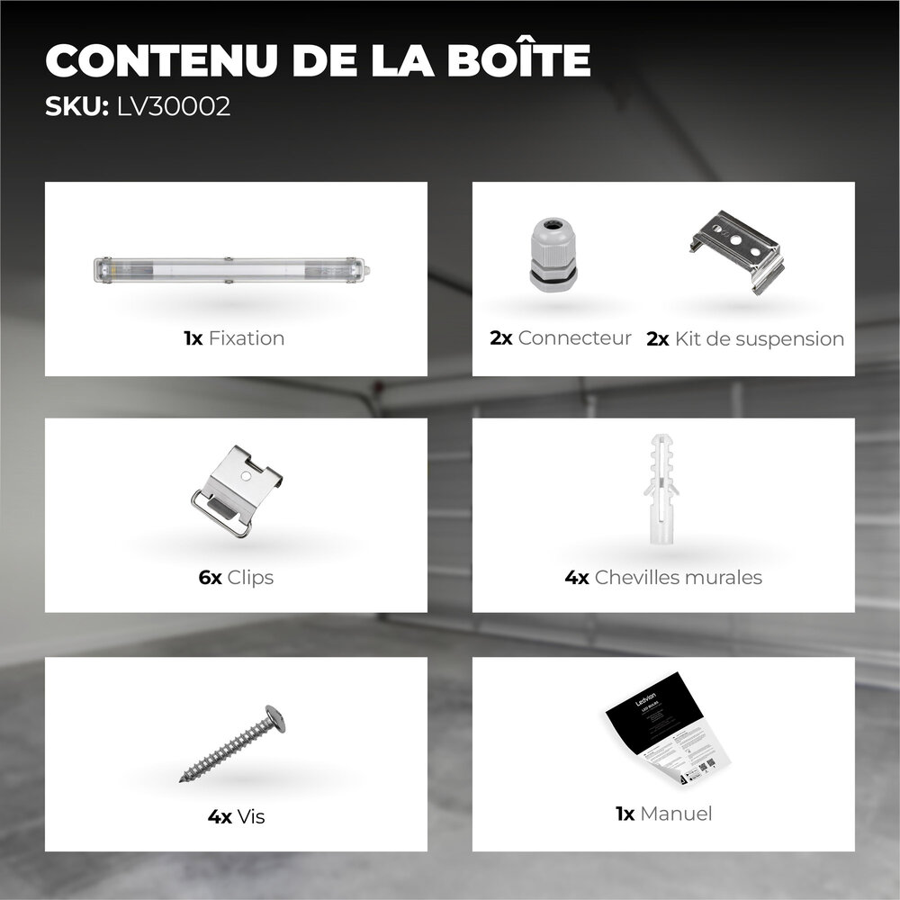 Ledvion Kit de Réglette LED étanche IP65 - 120CM - Clips en acier inoxydable