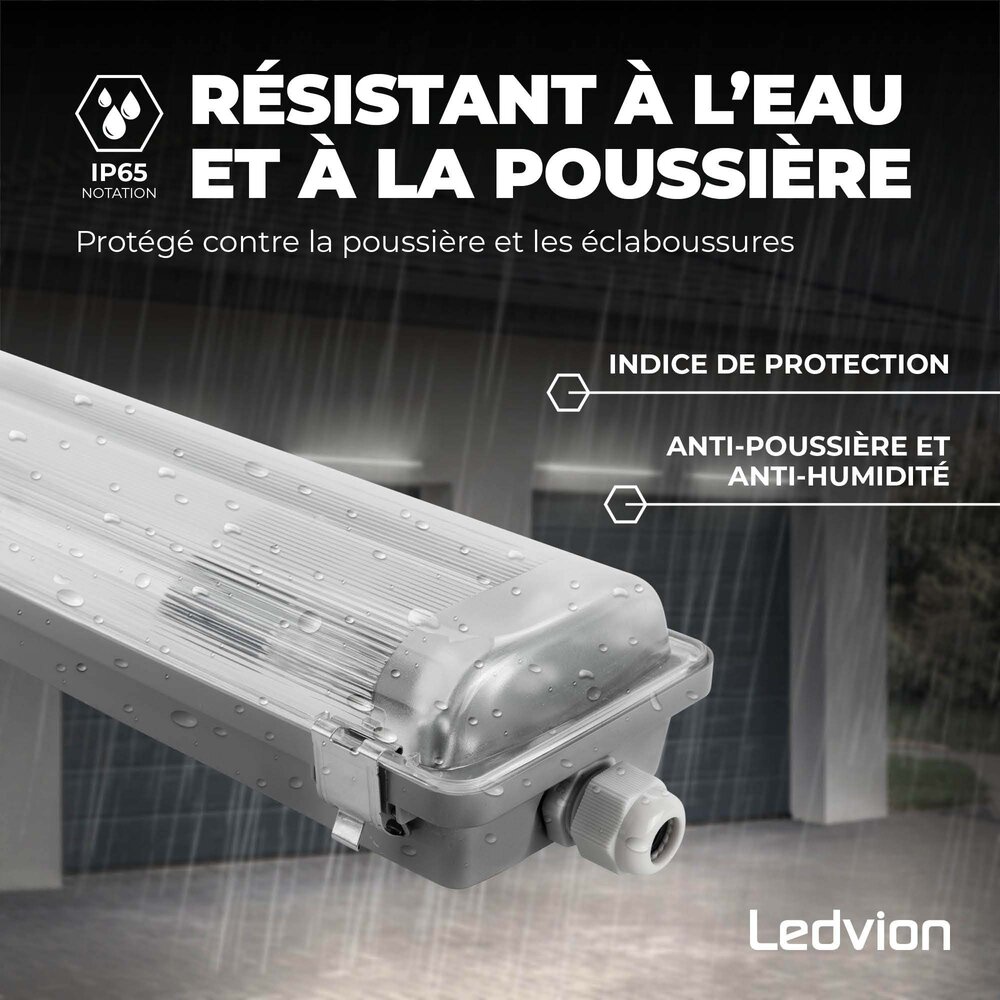 Ledvion Kit de Réglette LED étanche Double IP65 - 150CM - Clips en acier inoxydable