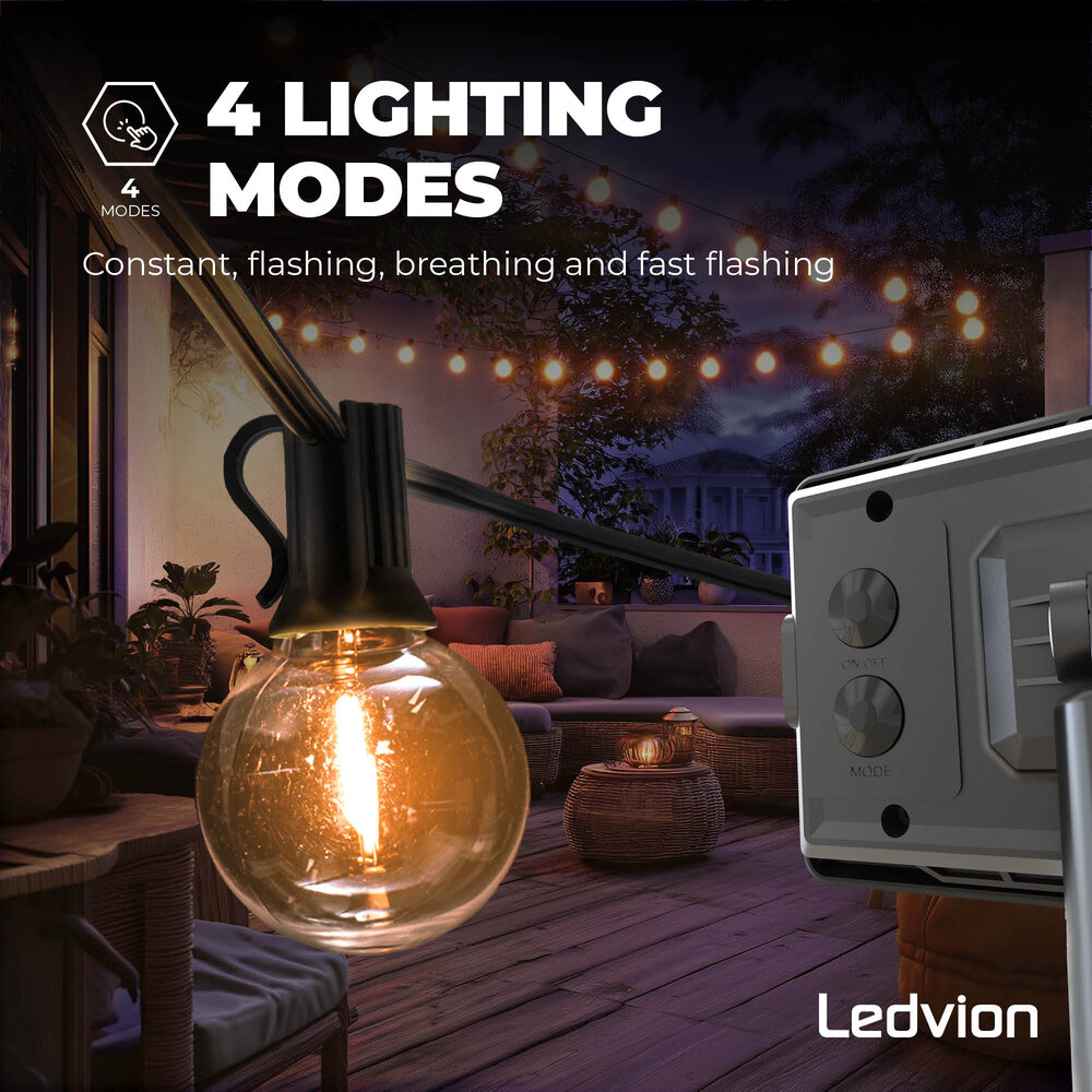 Ledvion 5,5m Guirlande Guinguette LED Solaire + câble de connexion 3m - G40 - 2700K - 12V - IP44 - Liable - avec 10 lampes LED - Prêt a l'emploi