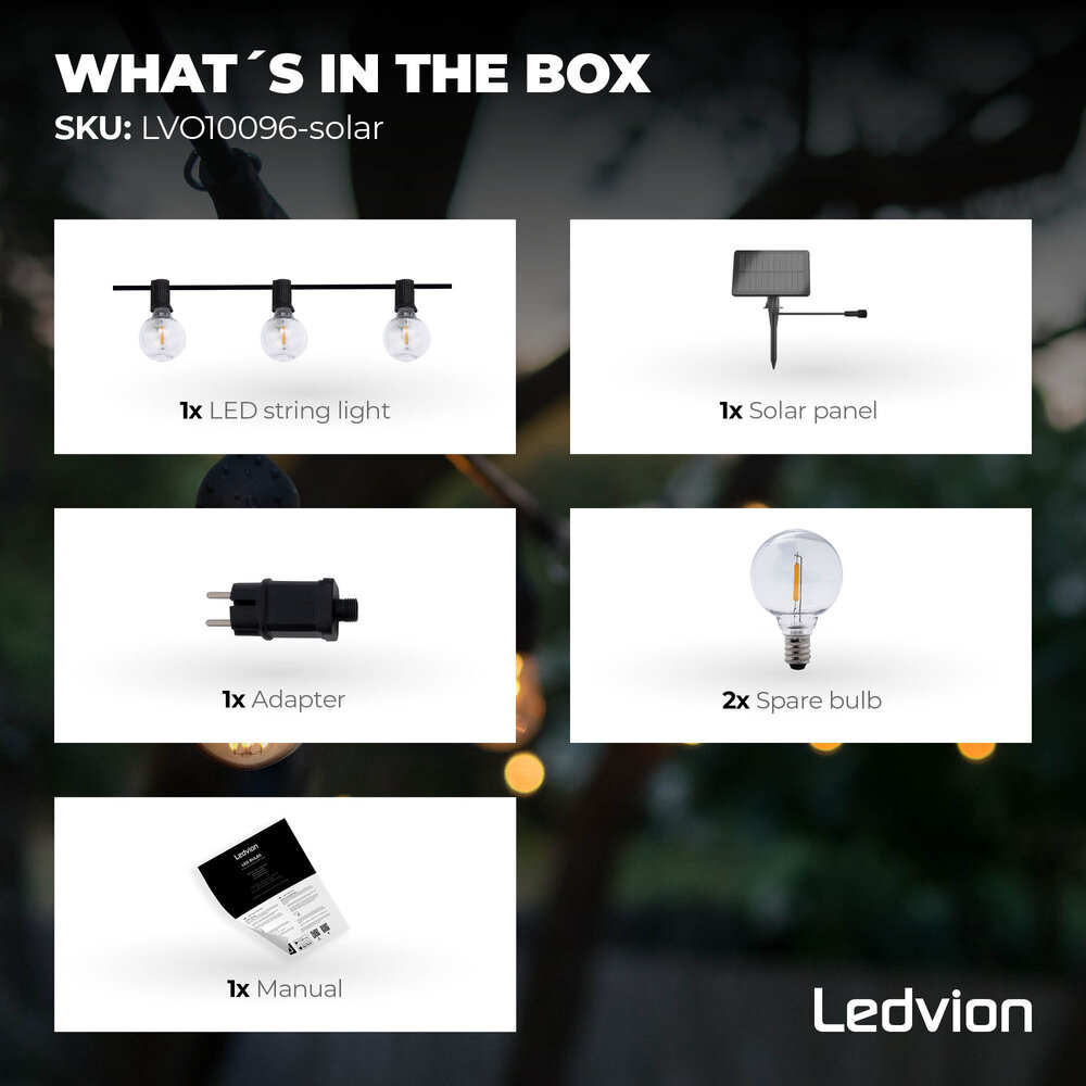 Ledvion 5,5m Guirlande Guinguette LED Solaire + câble de connexion 3m - G40 - 2700K - 12V - IP44 - Liable - avec 10 lampes LED - Prêt a l'emploi