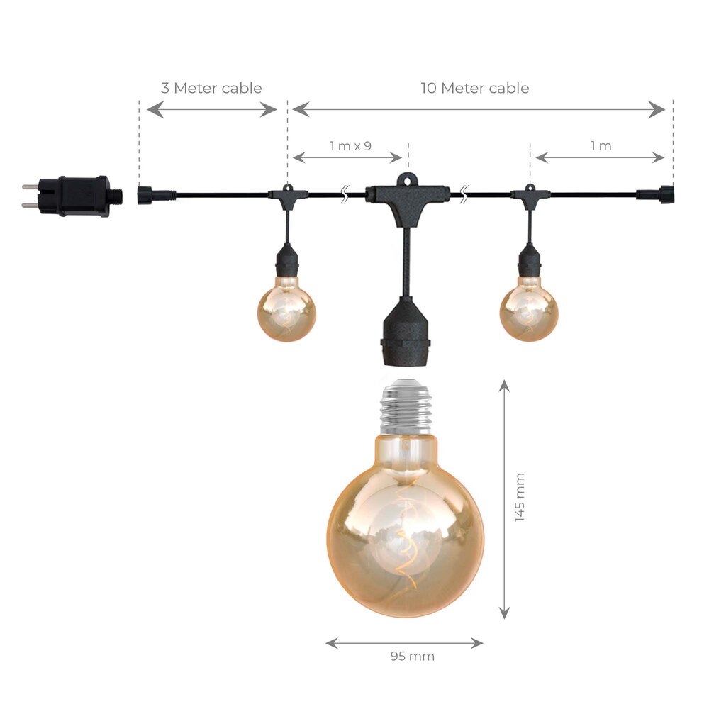 Ledvion 10m Guirlande Guinguette LED + Câble de Connexion 3m - IP44 - Connectable - avec 10 Lampes LED G95