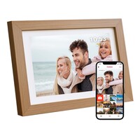 Tiqvi Cadre Photo Numérique - WiFi et Frameo App - Cadre Photo 10 Pouces - Ecran Tactile - Bois