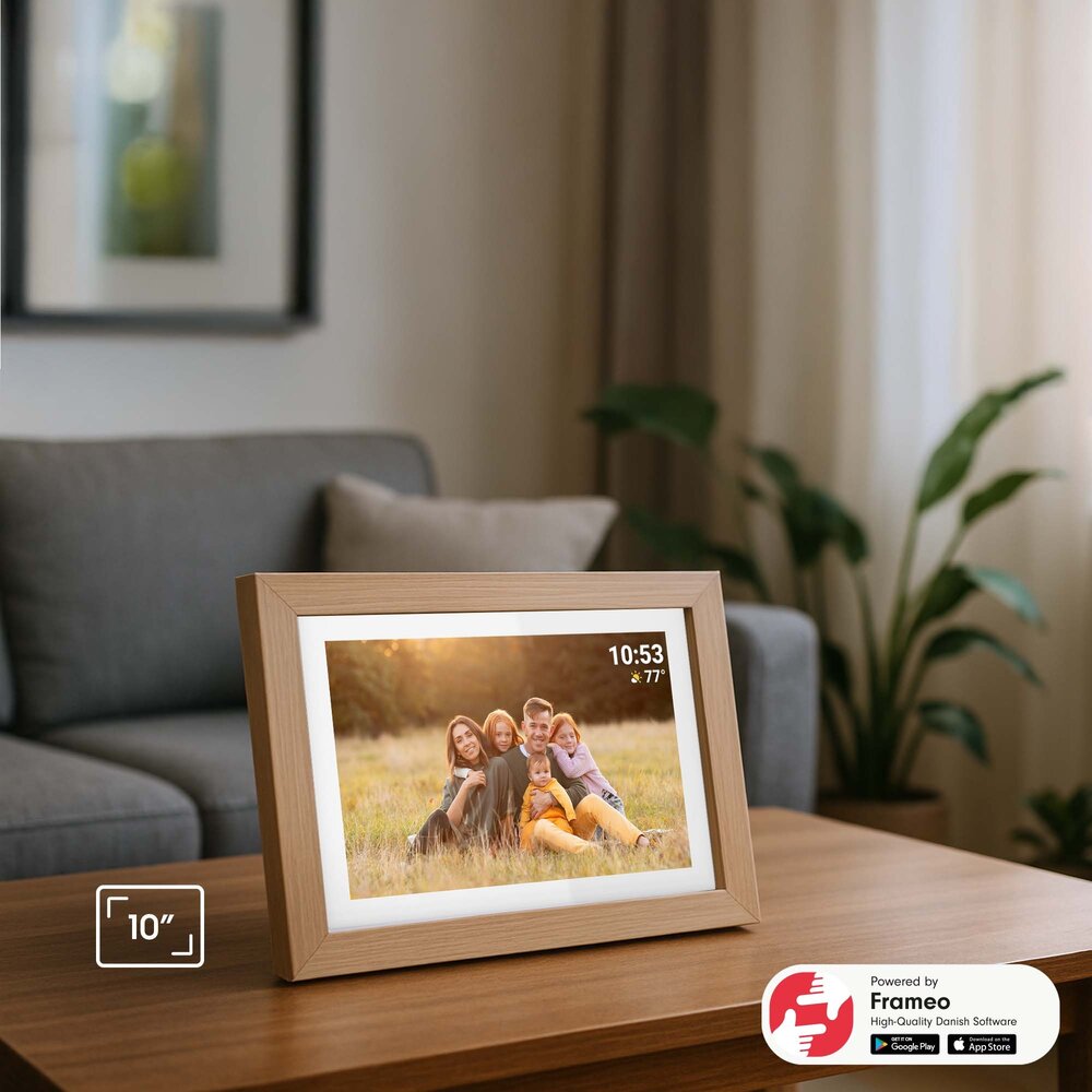 Tiqvi Cadre Photo Numérique - WiFi et Frameo App - Cadre Photo 10 Pouces - Ecran Tactile - Bois