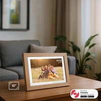 Tiqvi Cadre Photo Numérique - WiFi et Frameo App - Cadre Photo 10 Pouces - Ecran Tactile - Bois