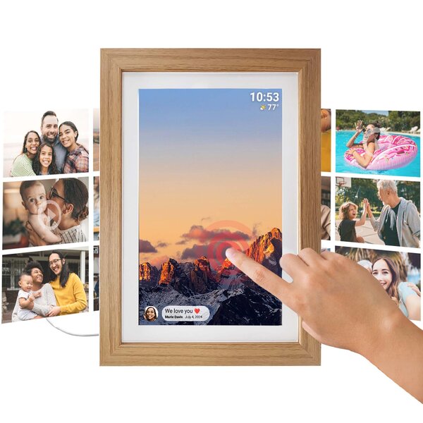 Tiqvi Cadre Photo Numérique - WiFi et Frameo App - Cadre Photo 10 Pouces - Ecran Tactile - Bois