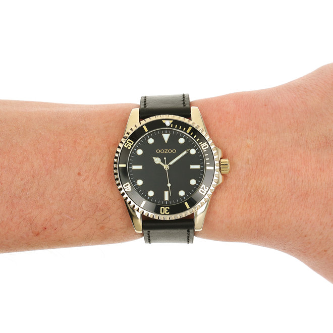 OOZOO Timepieces - C11115 - Herren - Leder-Armband - Schwarz/Gold