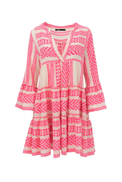 Short Dress Ella - Neon Pink / Off White