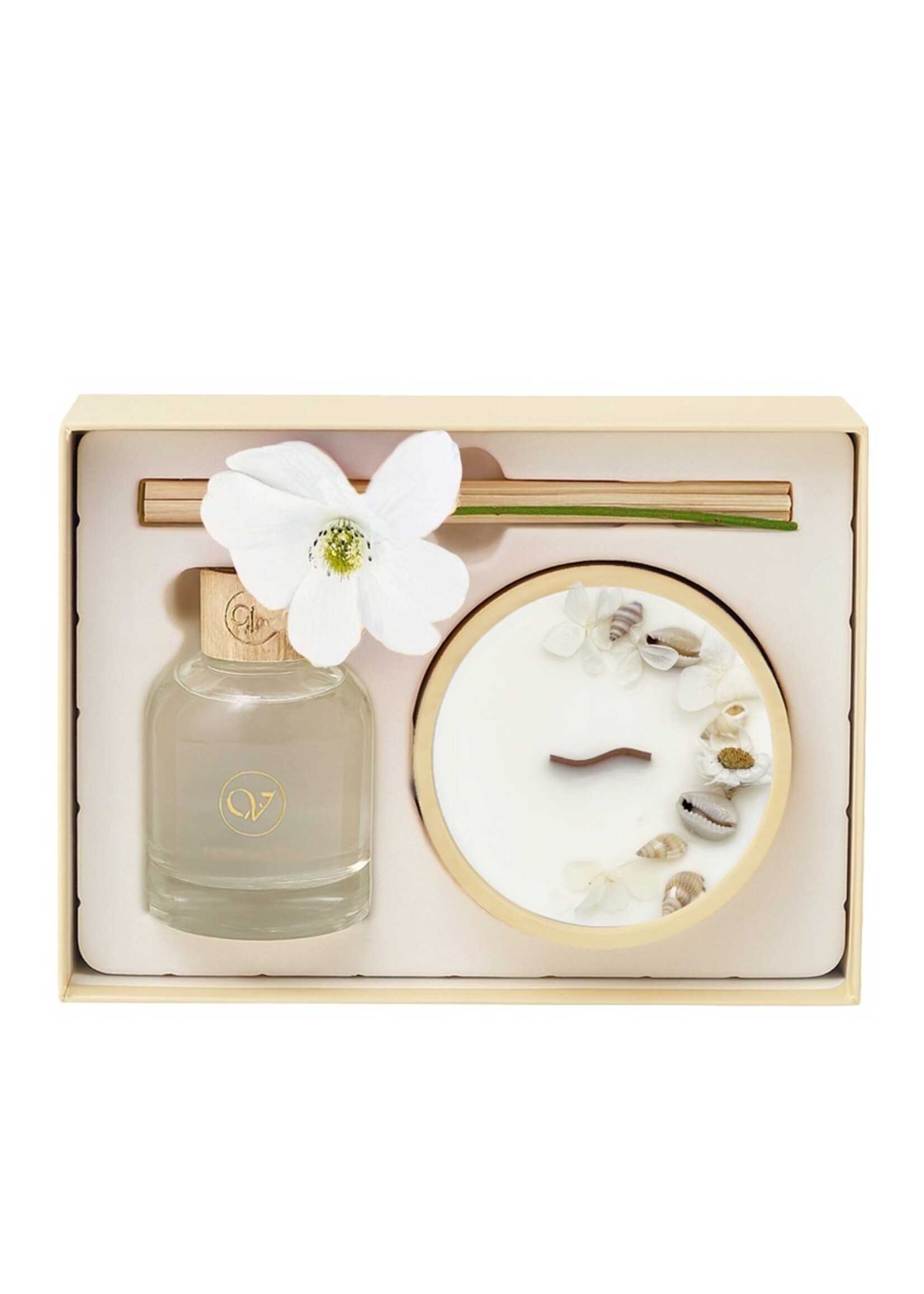 Cadeaubox Azure Allure 150ml geurstokjes met zijden bloem & 250g geurkaars