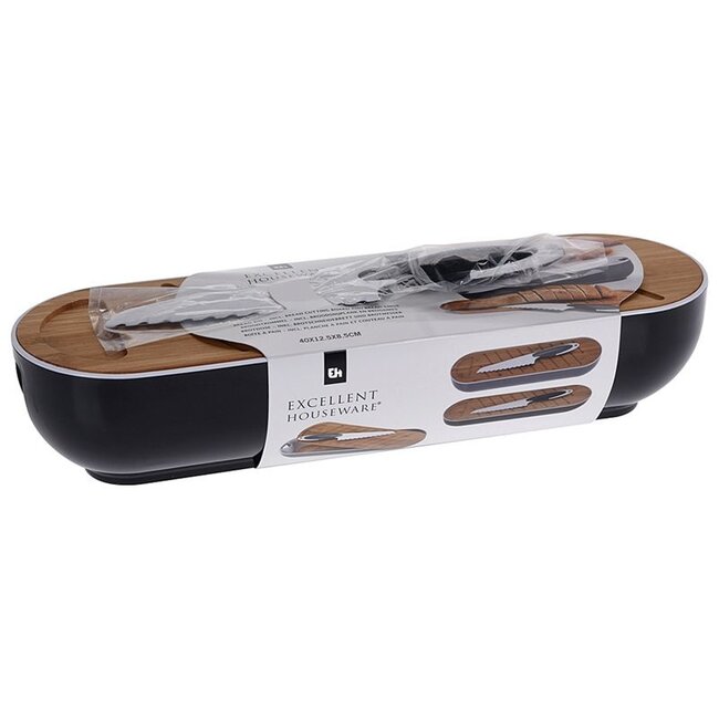 Excellent Houseware Stokbroodbox met snijplank en broodmes zwart