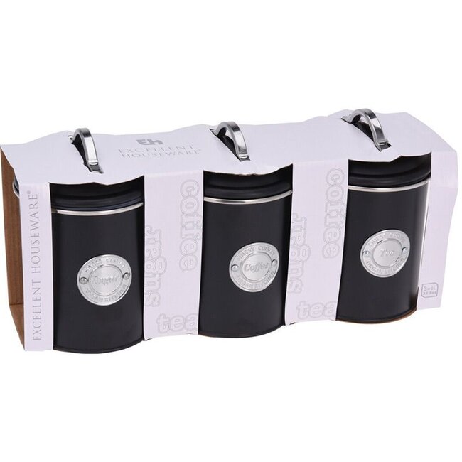 Excellent Houseware Voorraadbussen Klassiek zwart - set van 3 stuks