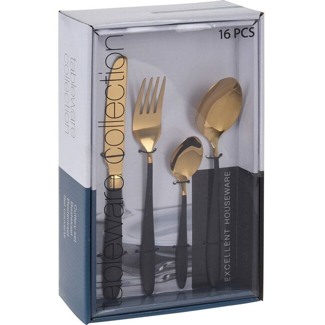 Excellent Houseware Bestekset 16-dlg - zwart en goud