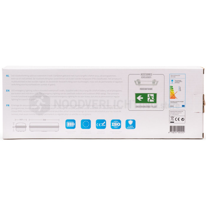 LP4-3-65S - 3 watt noodverlichting LED opbouw waterdicht incl. set pictogrammen en LiFePO4 accupack