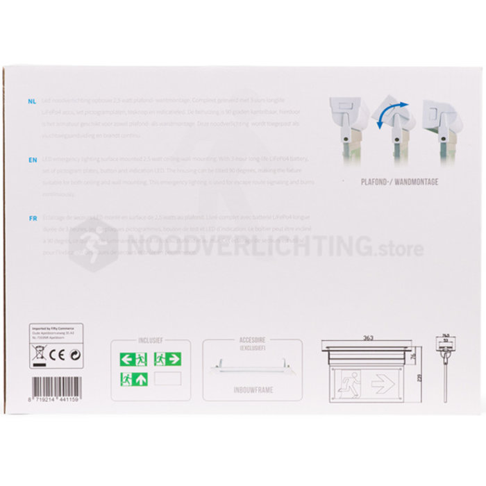 LP4-2-20S1 - 2 watt noodverlichting LED opbouw kantelbaar incl. set pictogrammen en LiFePo4 accupack
