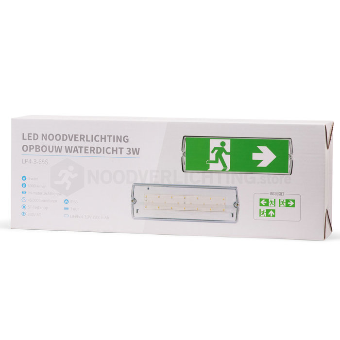 LP4-3-65S - 3 watt noodverlichting LED opbouw waterdicht incl. set pictogrammen en LiFePO4 accupack