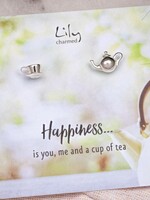 Lily Charmed Silver Teapot and Teacup Stud Earrings with 'Happiness' Message