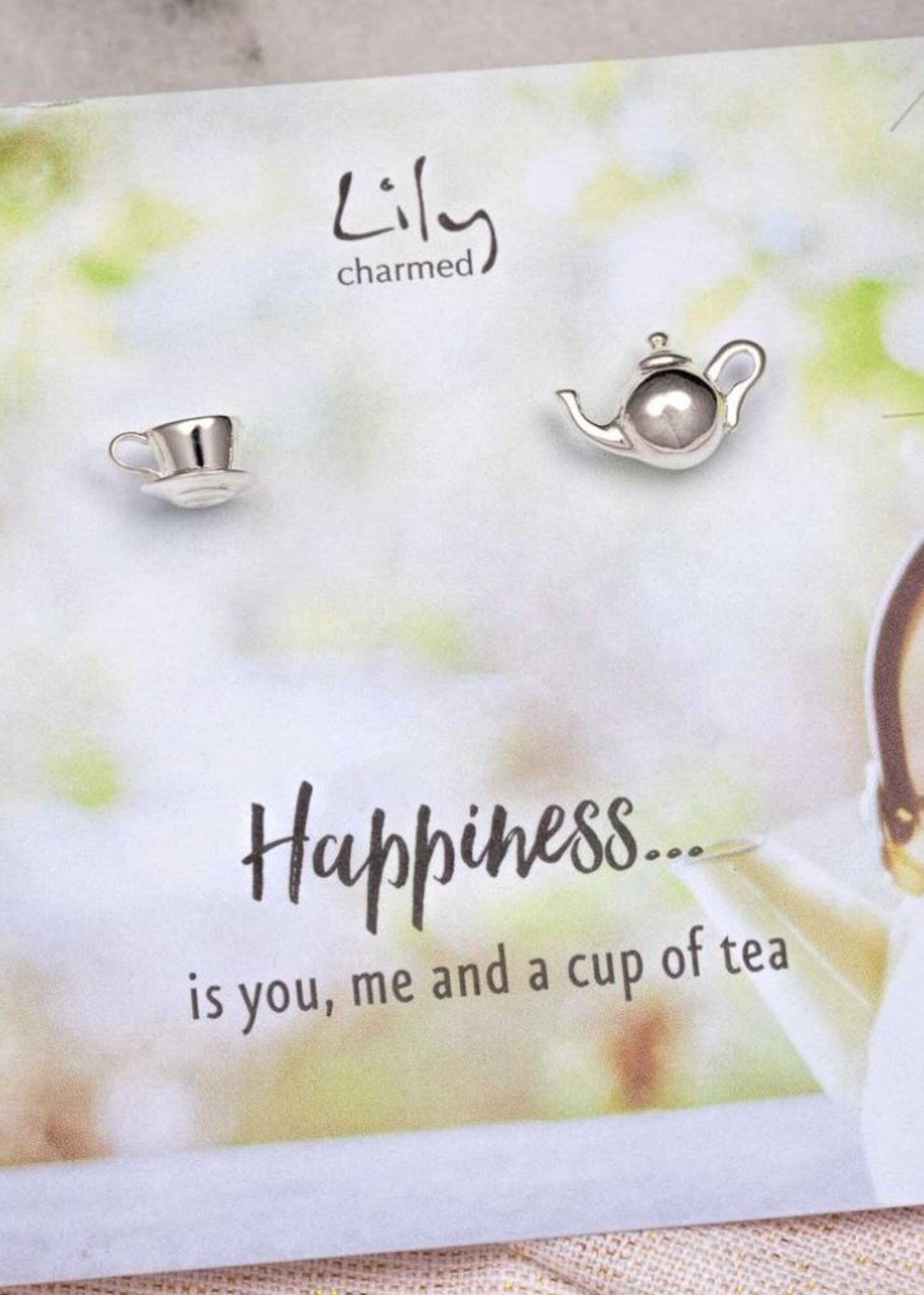 Lily Charmed Silver Teapot and Teacup Stud Earrings with 'Happiness' Message