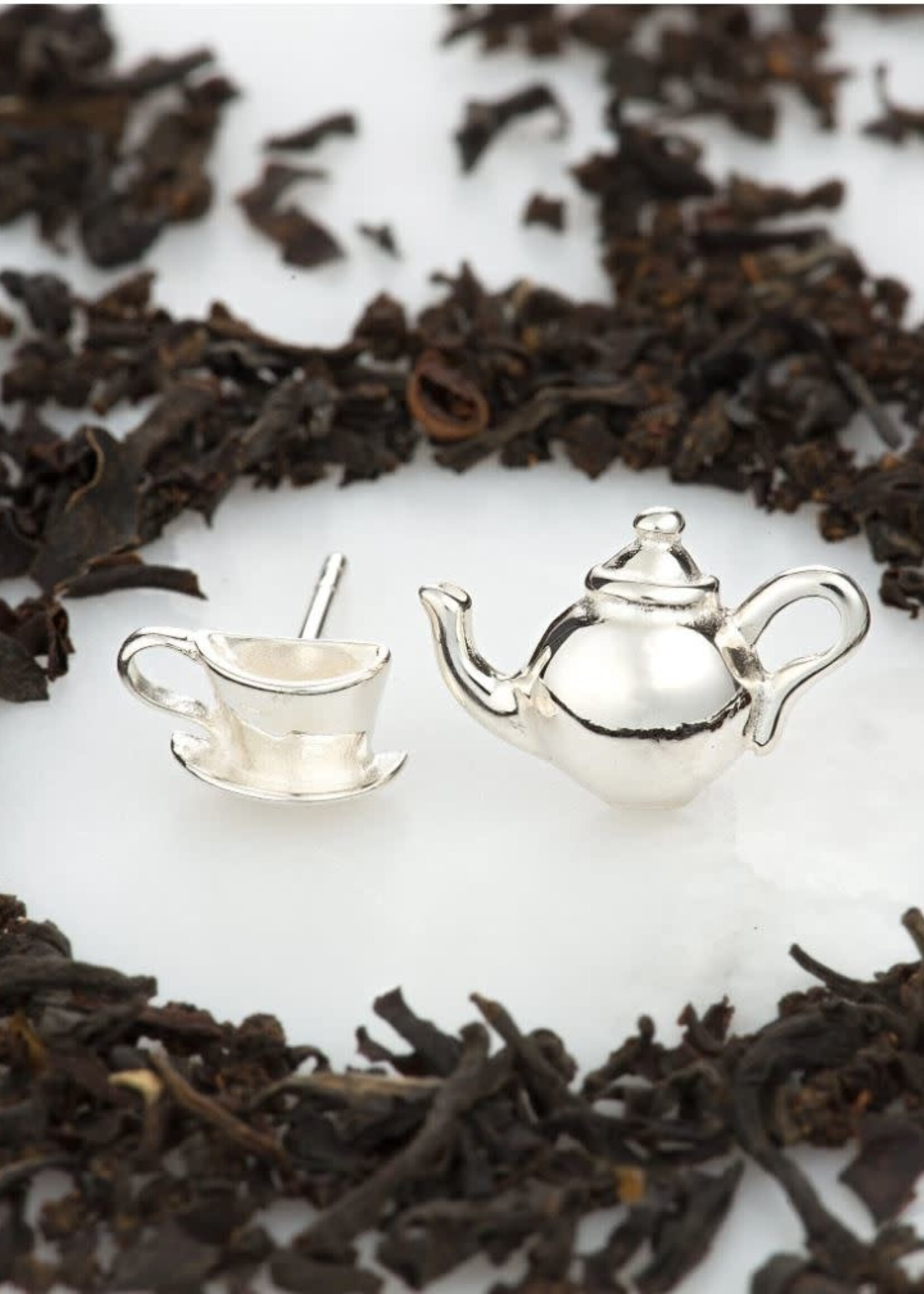 Lily Charmed Silver Teapot and Teacup Stud Earrings with 'Happiness' Message