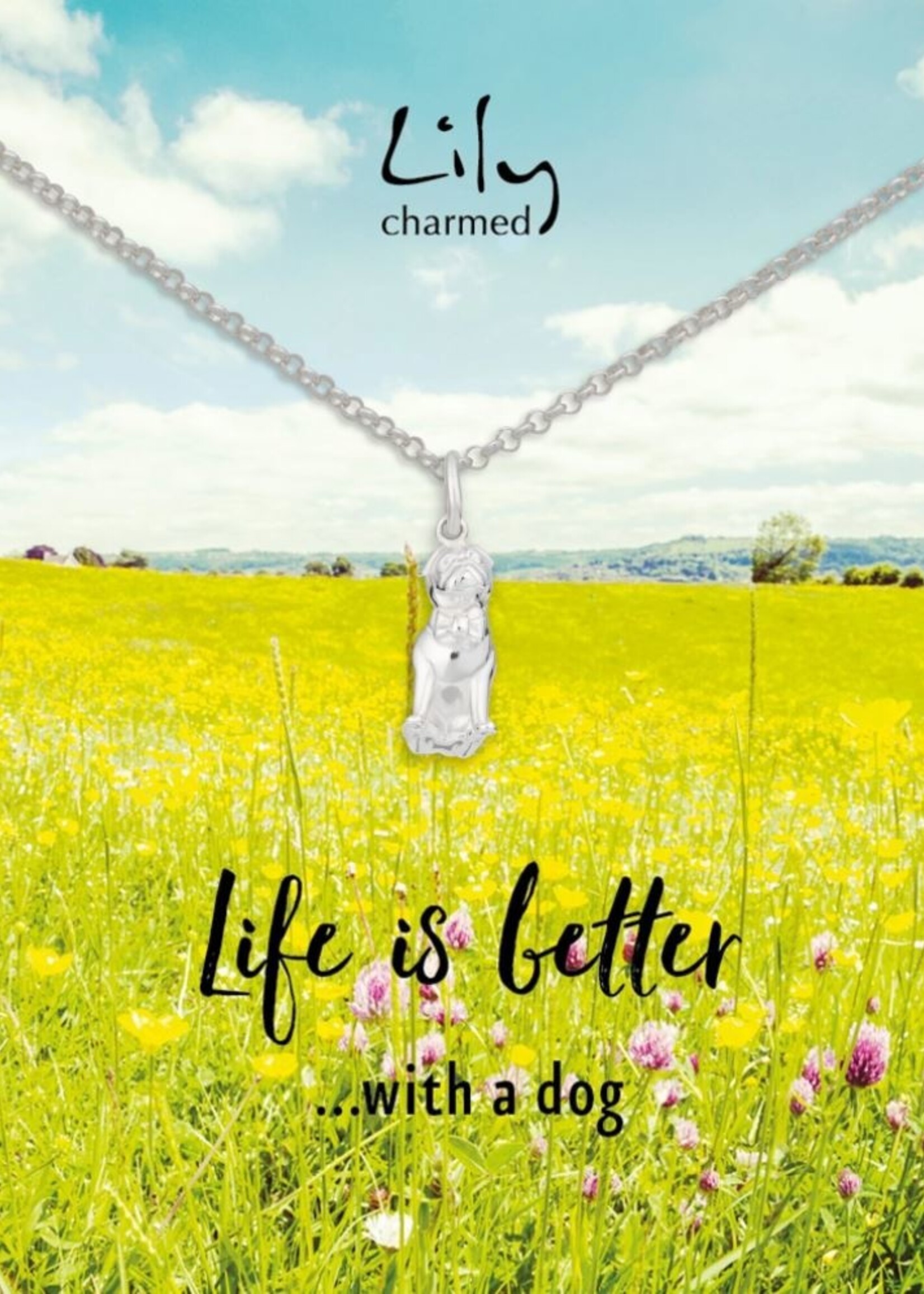 Lily Charmed Silver Pug Necklace with 'Life Is Better With A Dog' Message