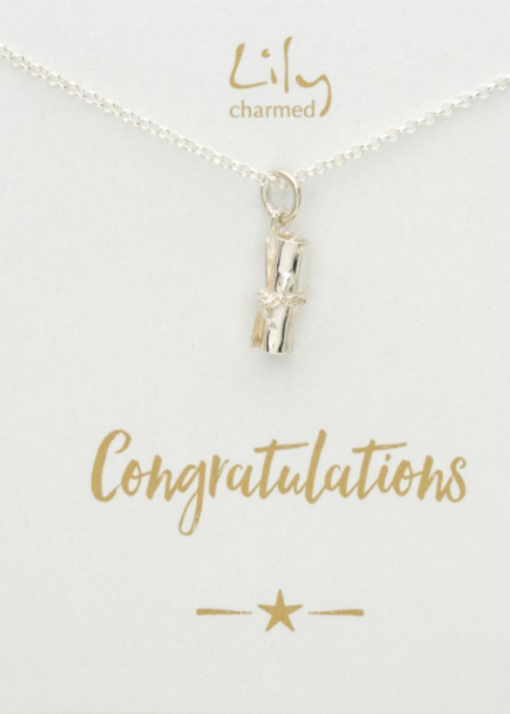 Lily Charmed Silver Scroll Necklace with Congratulations Message