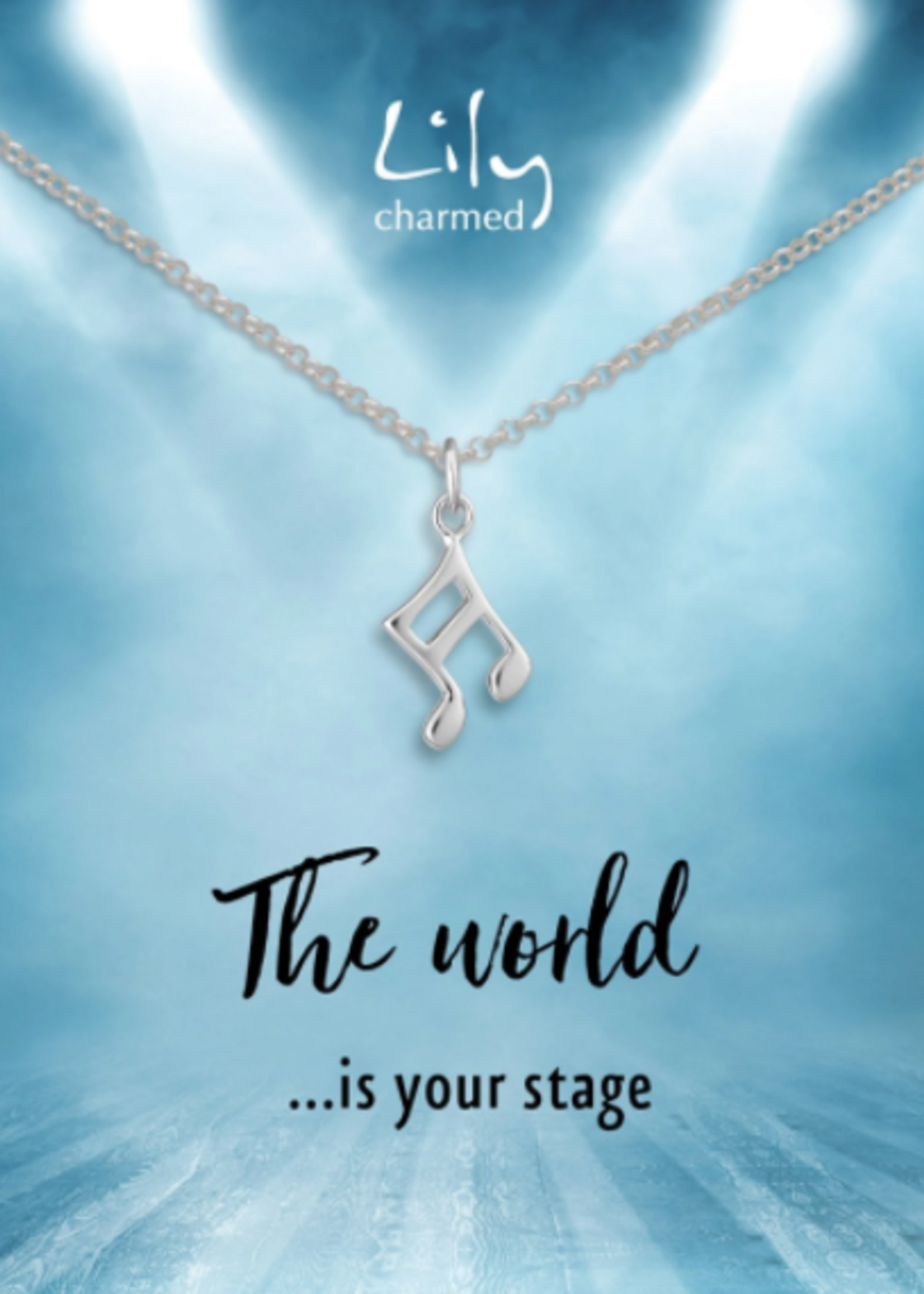 Lily Charmed Silver Music Note Necklace with 'World Is Your Stage' Message