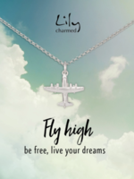 Lily Charmed Silver Aeroplane Necklace with 'Fly High' Message