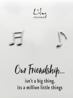 Lily Charmed Silver Music Note Stud Earrings with 'Our Friendship' Message