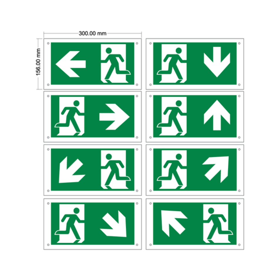 Piktogrammer til loftmonterede flugtvejsskilte OTG-FF-6, OTG-VV-5 og  OTG-HH-1
