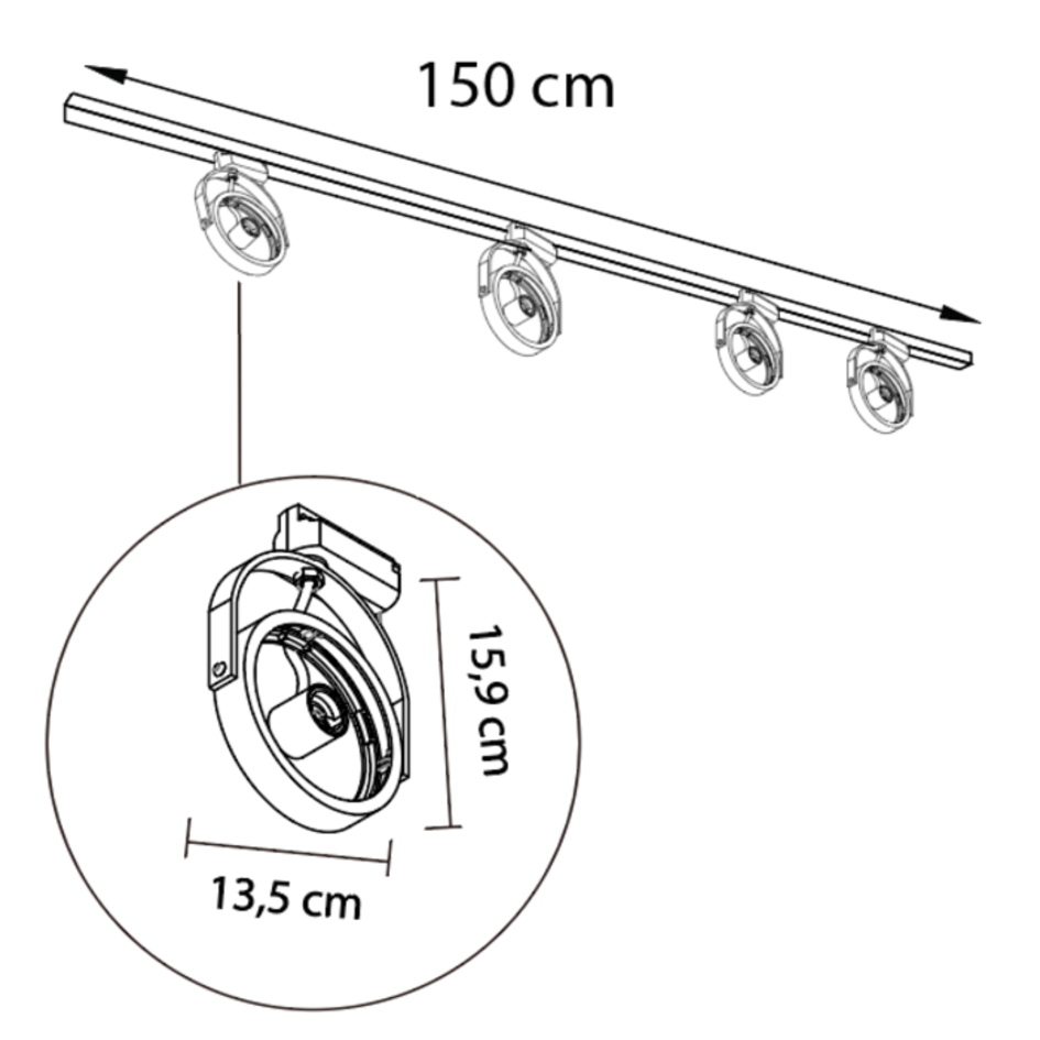 1-faset lysskinne - 1,5 meter med Skaly spots - sort