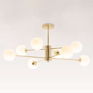 Designer loftslampe i guld med 8 opalhvide glaskugler - Idaho