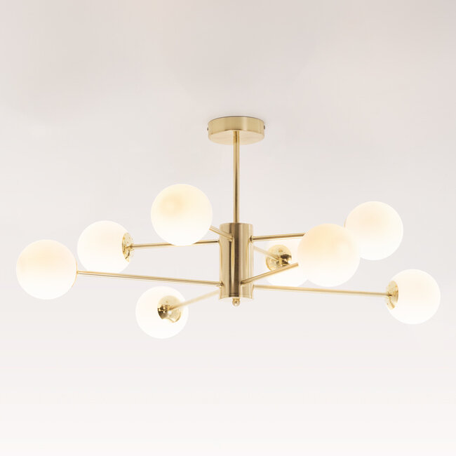 Designer loftslampe i guld med 8 opalhvide glaskugler - Idaho