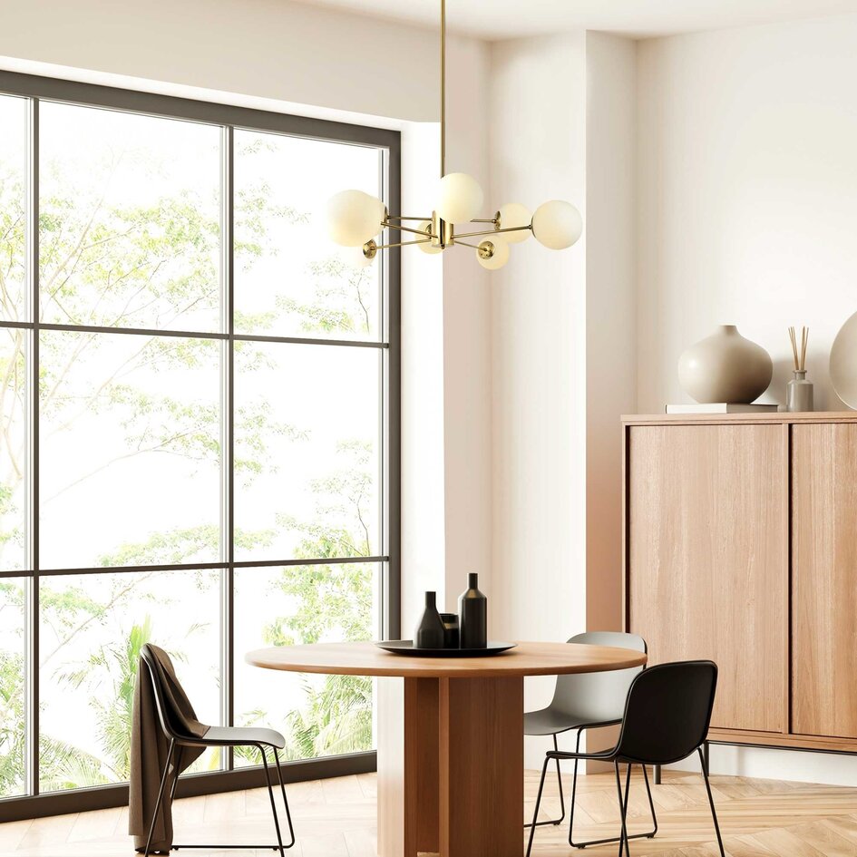 Designer loftslampe med 8 glaskugler - Idaho - guld og opalhvid