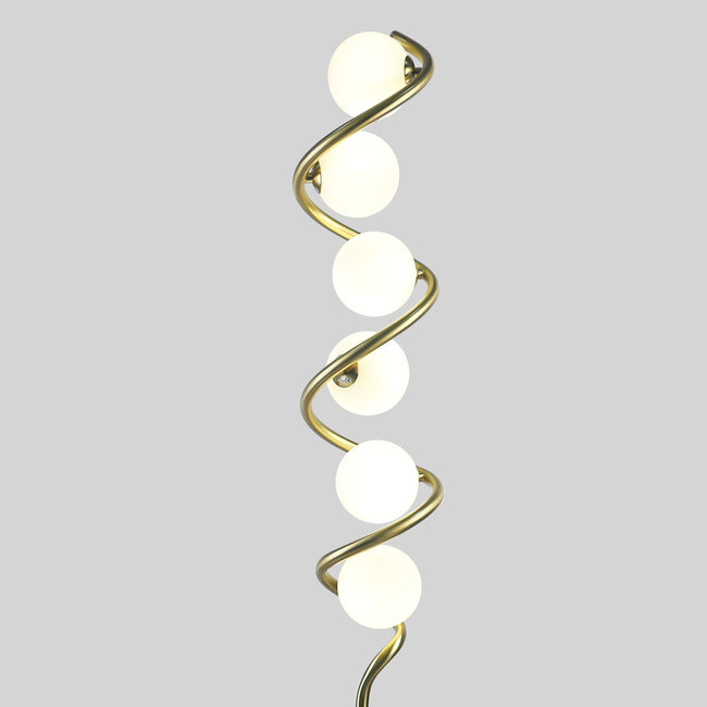 Spiralformet gulvlampe med 6 glaskupler - Lexy - guld/opalhvidt glas