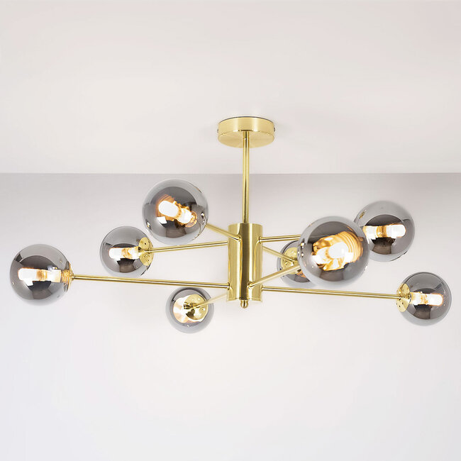 Designer loftslampe i guld med 8 røgfarvede glaskugler - Idaho