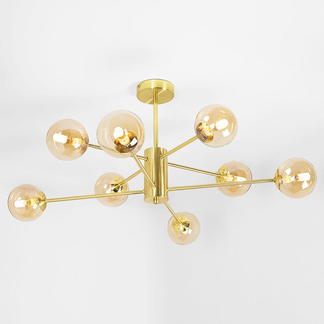 Designer loftslampe i guld med 8 ravfarvede glaskugler - Idaho