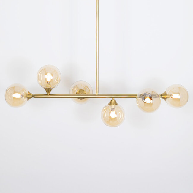 Loftslampe med 6 glaskugler - Aster - guld med ravfarvet/amber glas