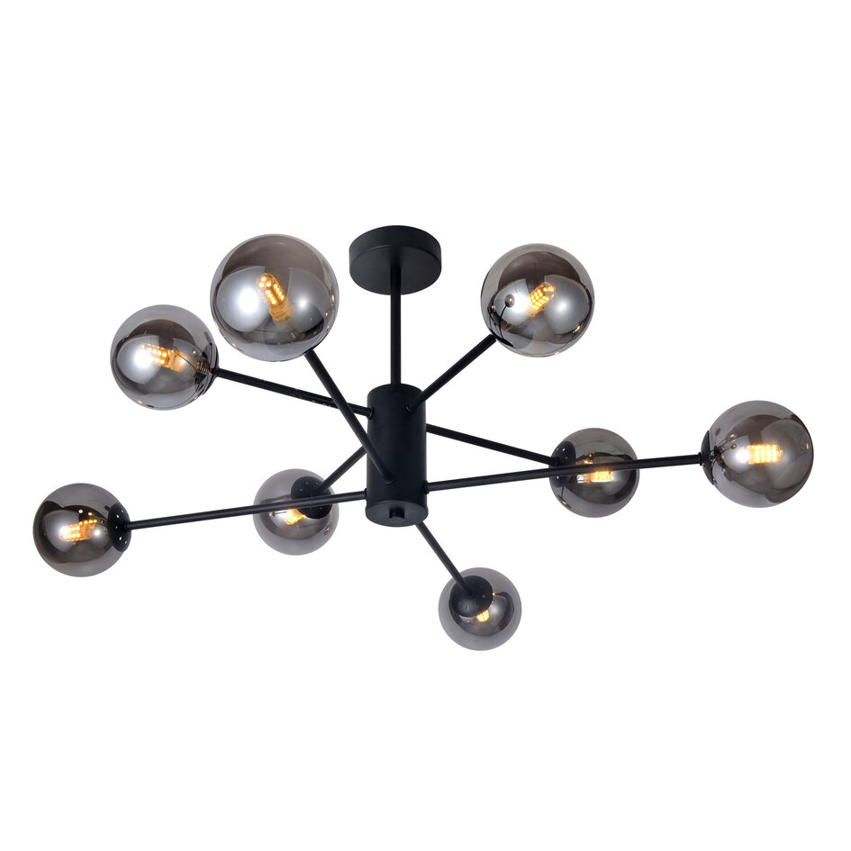Designer loftslampe med 8 glaskugler - Idaho - sort og røgfarvet