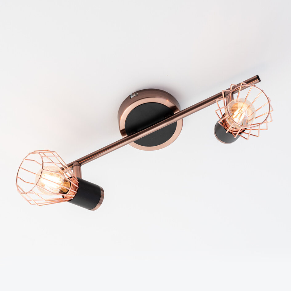 Industriel loftlampe med 2 spots - Vivian - sort/kobber