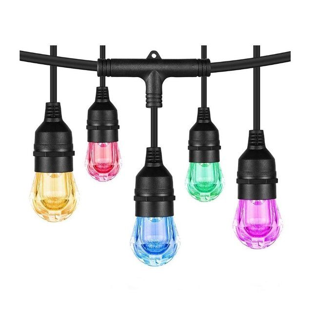 Multifarvet (RGB) party lyskæde med pendelfatninger + fjernbetjening - 15 meter med 15 pærer
