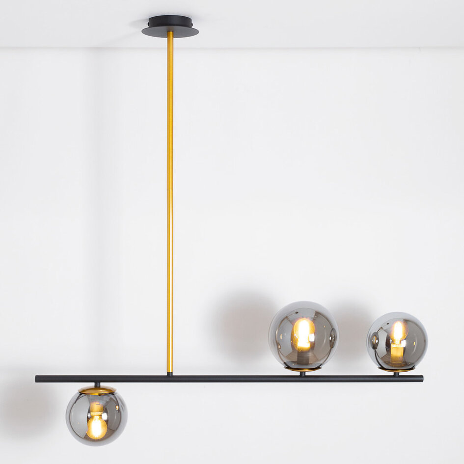 Designerlampe med 3 glaskugler - Danny - sort/messing/røggrå