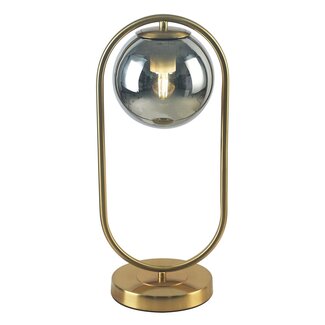 Designer bordlampe med gylden ring og røgfarvet kugle med spejleffekt - George