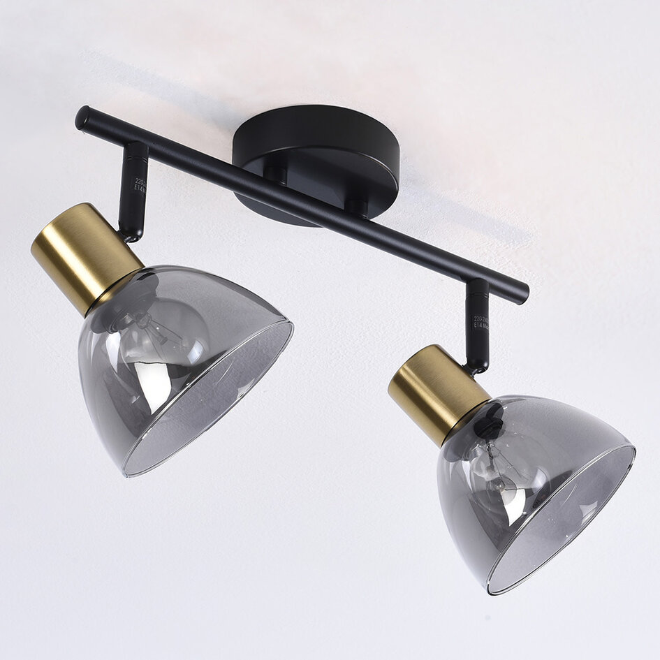 Skinnelampe med to spotlamper - Kaio - sort, guld og røggrå