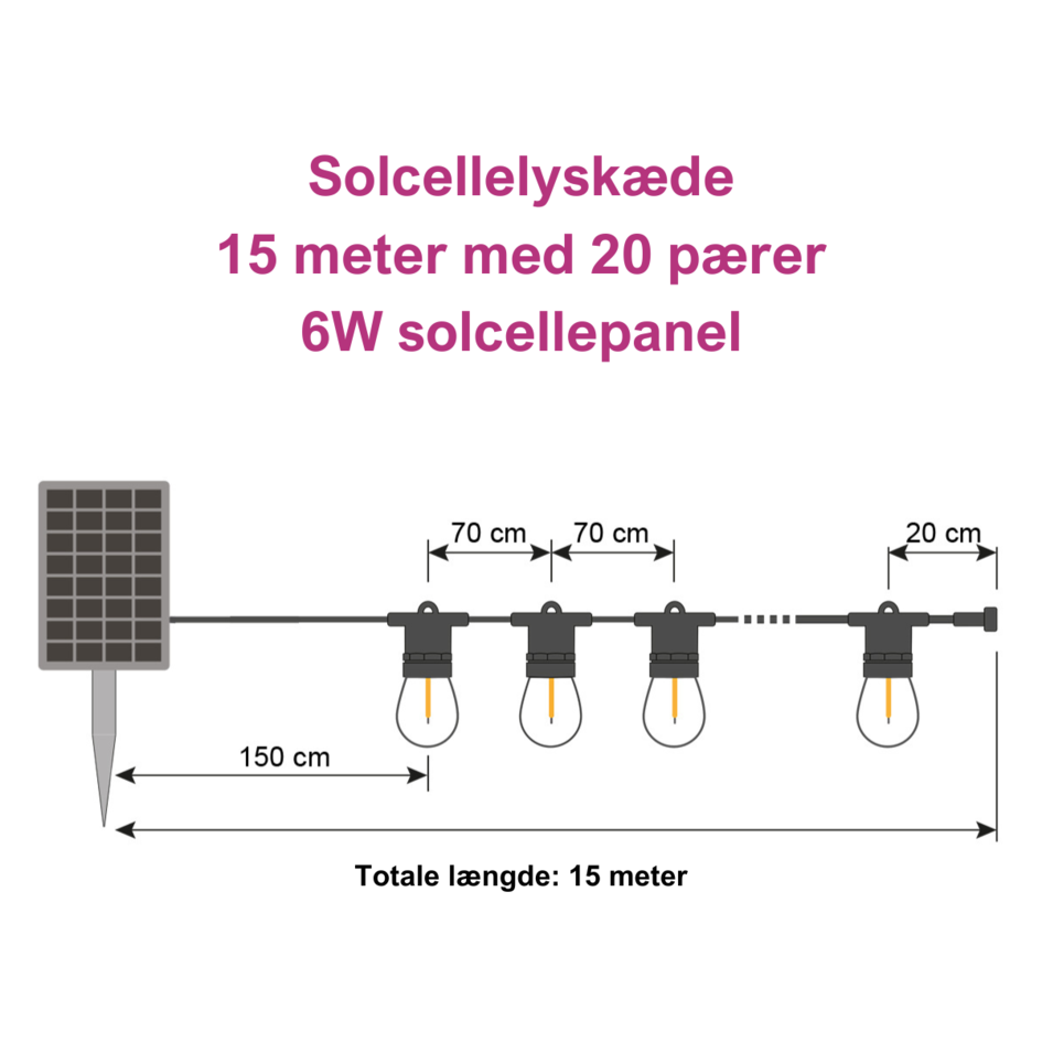 Solcellelyskæde - 15 meter med 20 pærer + 6W solcellepanel