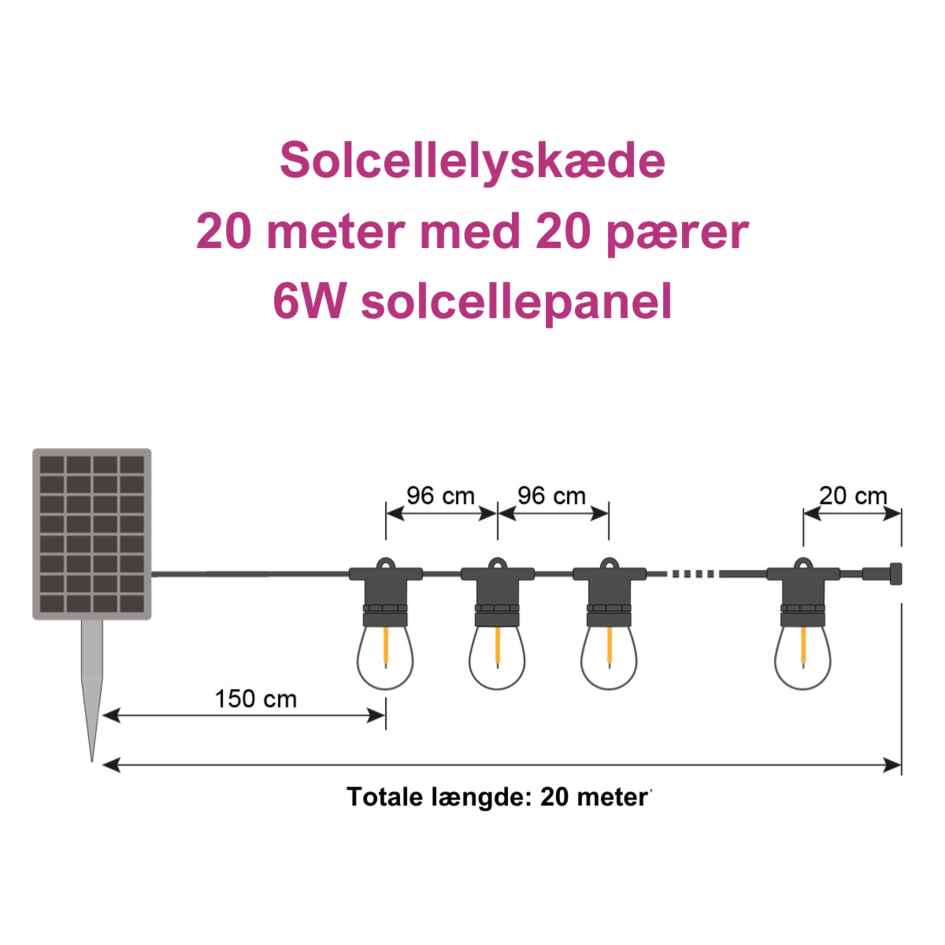 Solcellelyskæde - 20 meter med 20 el. 25 pærer + 6W solcellepanel