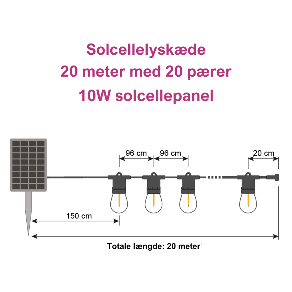 LED-solcellelyskæde - 20 meter med 20 filamentpærer + 10W solcellepanel