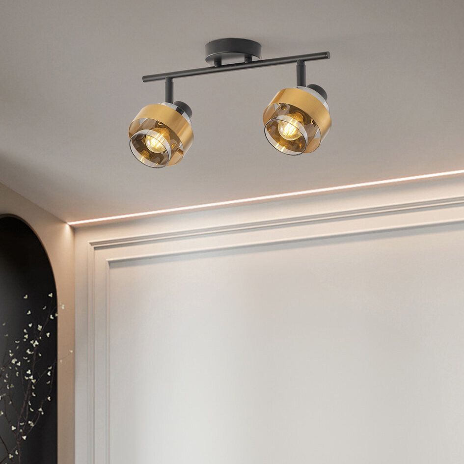 Retro skinnelampe med 2 lampespots i messinglook med smokey glas - Oro