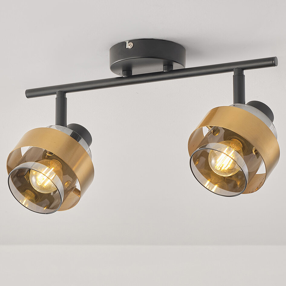 Retro skinnelampe med 2 lampespots i messinglook med smokey glas - Oro