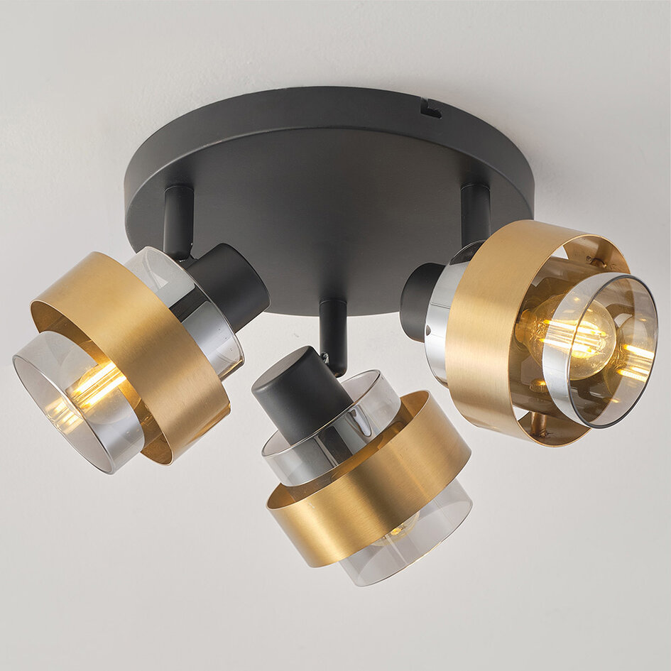 Retro loftslampe med 3 lampespots i messinglook med smokey glas - Emas