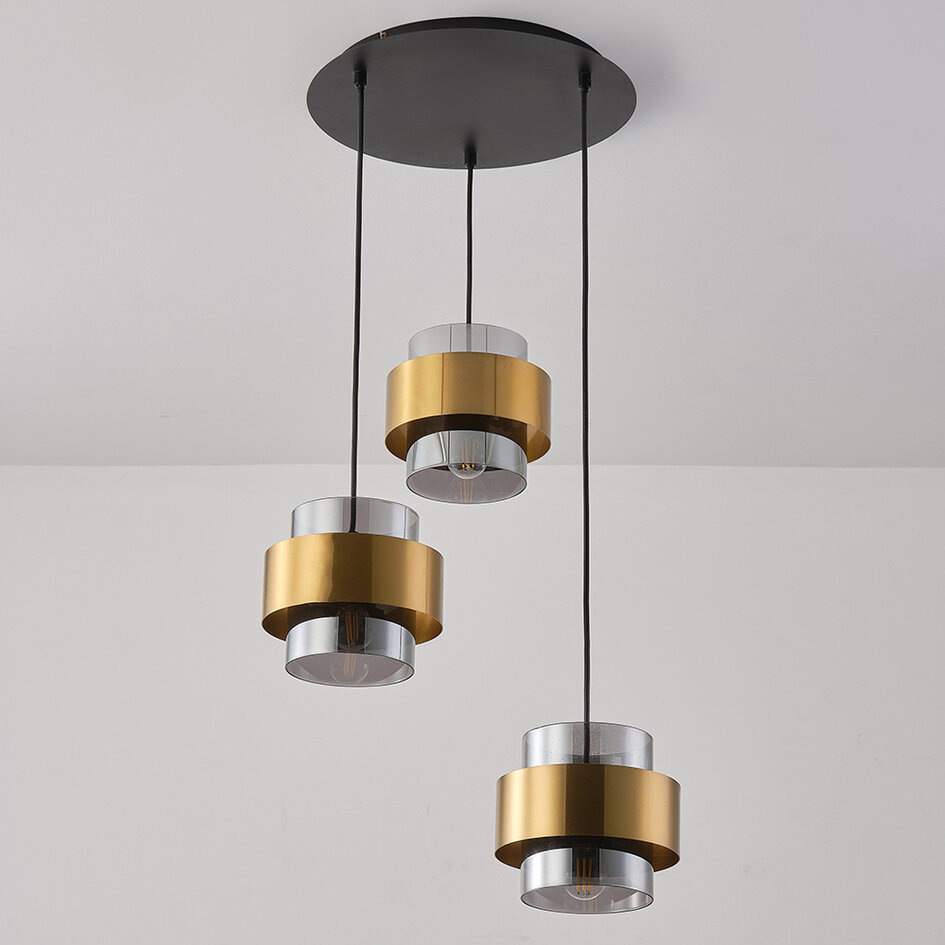Retro pendel med 3 lamper i messinglook med smokey glas - Arany